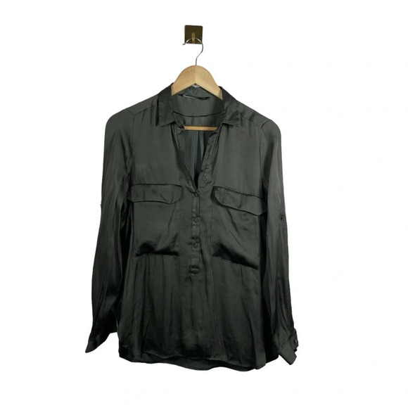 Zara Women’s Satin Button Front Blouse in Olive Green Size S - Picture 7 of 8